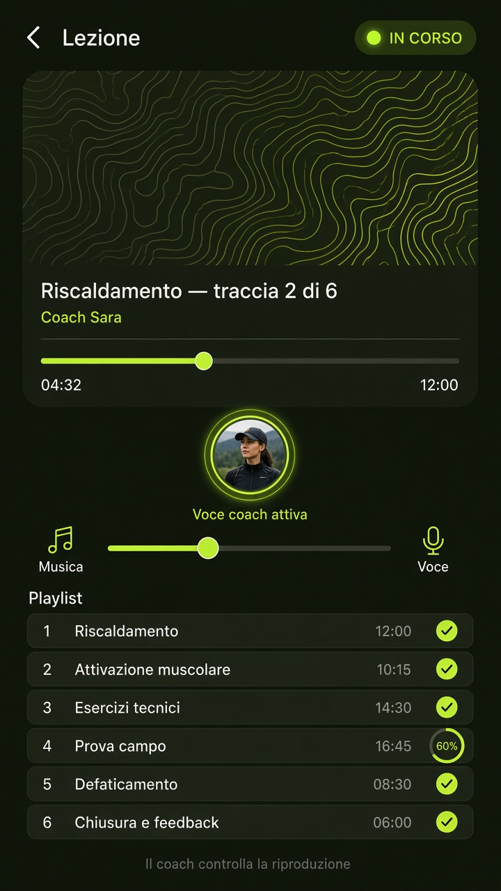 Pantalla de lección de grply con playlist y controles del coach